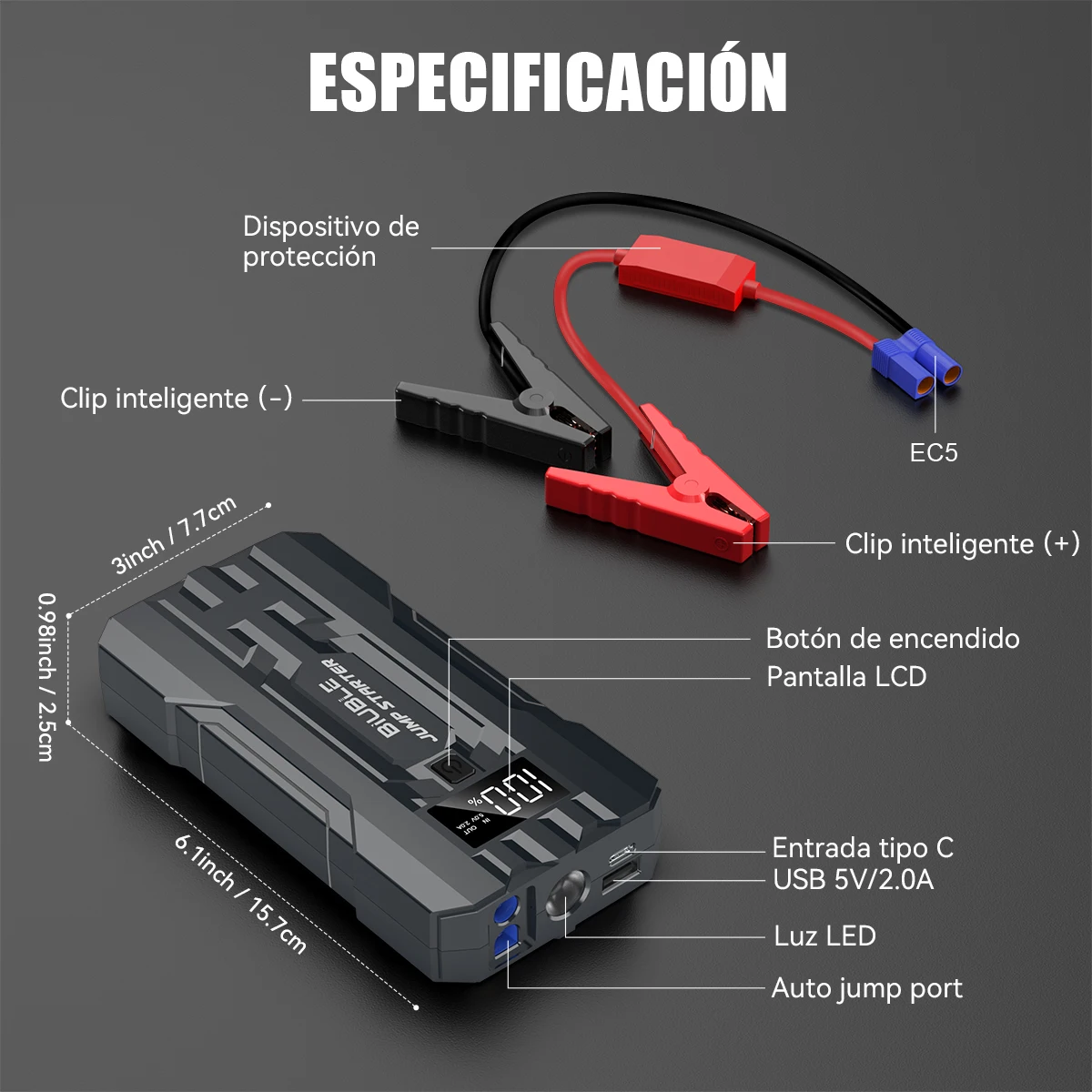 3000A Peak Car Jump Starter, 20000mAh Portable Power Supply, Car Battery Jump Starter, Portable Car Battery Jump Starter, Equipped with Smart Safety Jumper Cable, Includes LED Lighting and Safety Protection Functions - view 5