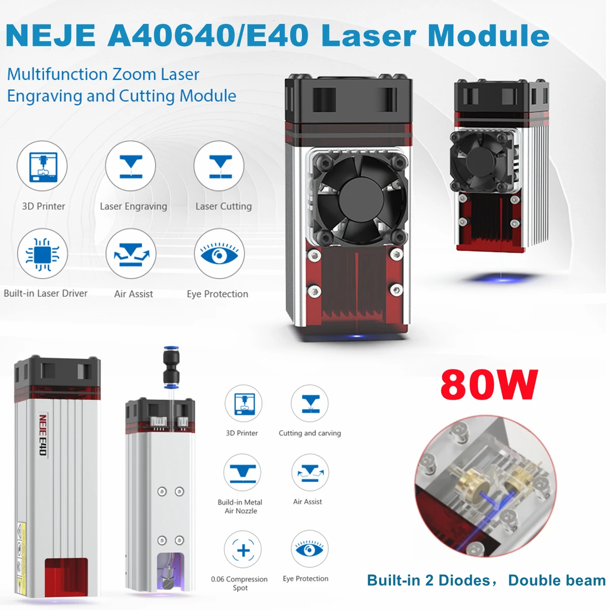 NEJE A40640/E40 80W CNC Laser Module 450nm TTL Compressed Spot for Wood Cutter Engraver DIY Metal Mark Tool with 2 Diodes