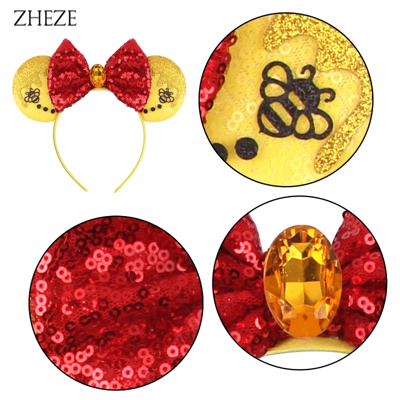 2024 Disney Winnie The Pooh Ears Headband Sequin Bow Hairband For Girls Boys Festival Party DIY Hair Accessories Gift Boutique