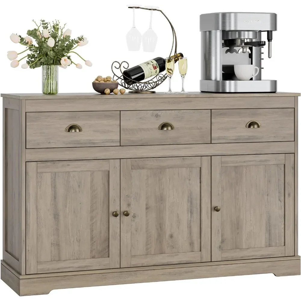 

Buffet Storage Cabinet, Sideboard Farmhouse Server Bar Wine Cabinet with 3 Drawers & 3 Doors Adjustable Shelves Console