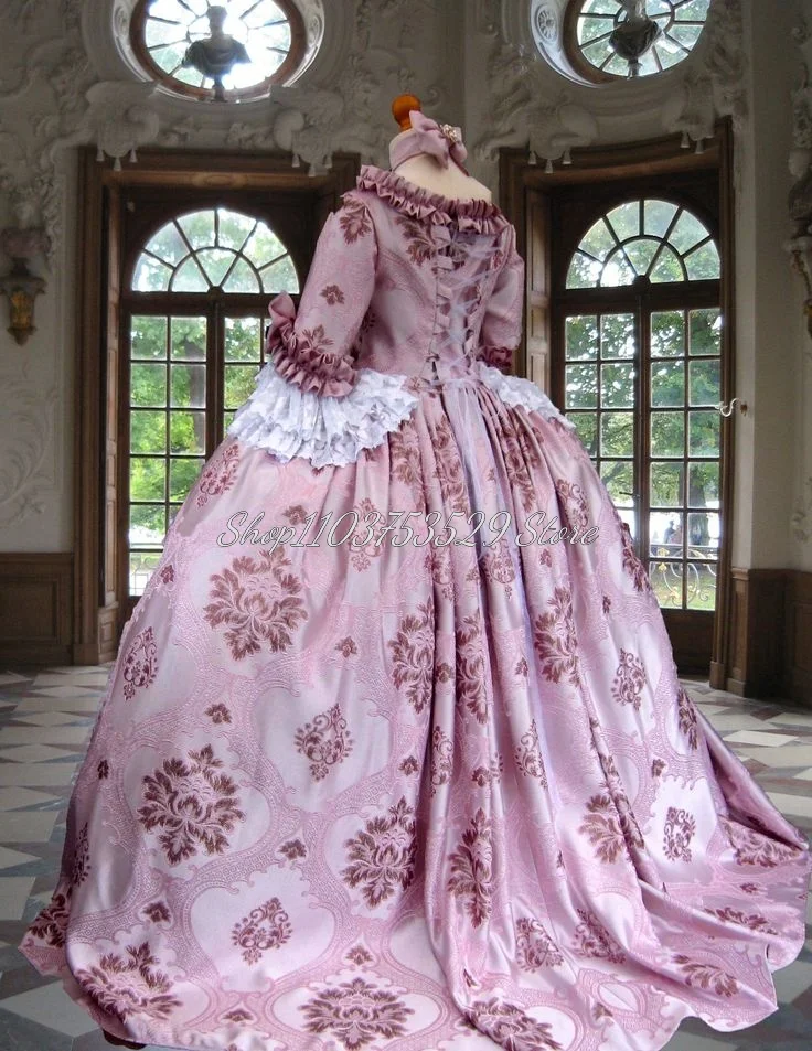 Medieval Pink Rococo Prom Dress Countess Marie Antoinette Fluffy Ruffles Applique Bow Fantasy Halloween Masquerade Dresses