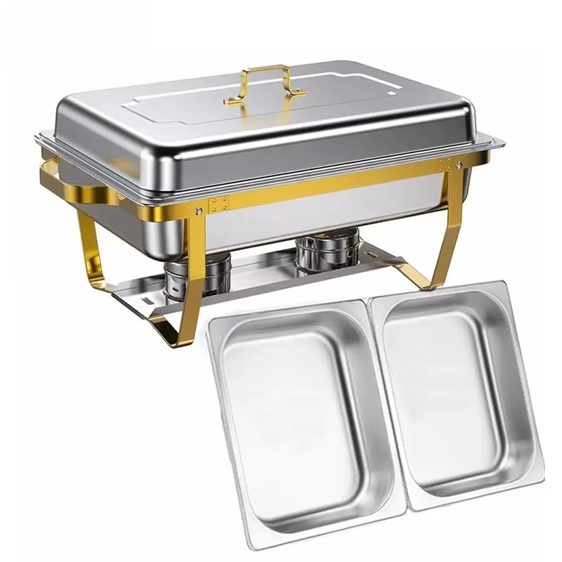 

Stainless Steel Hot Pot Buffet Set Rectangle Buffet Food Warmer with Gold and Silver