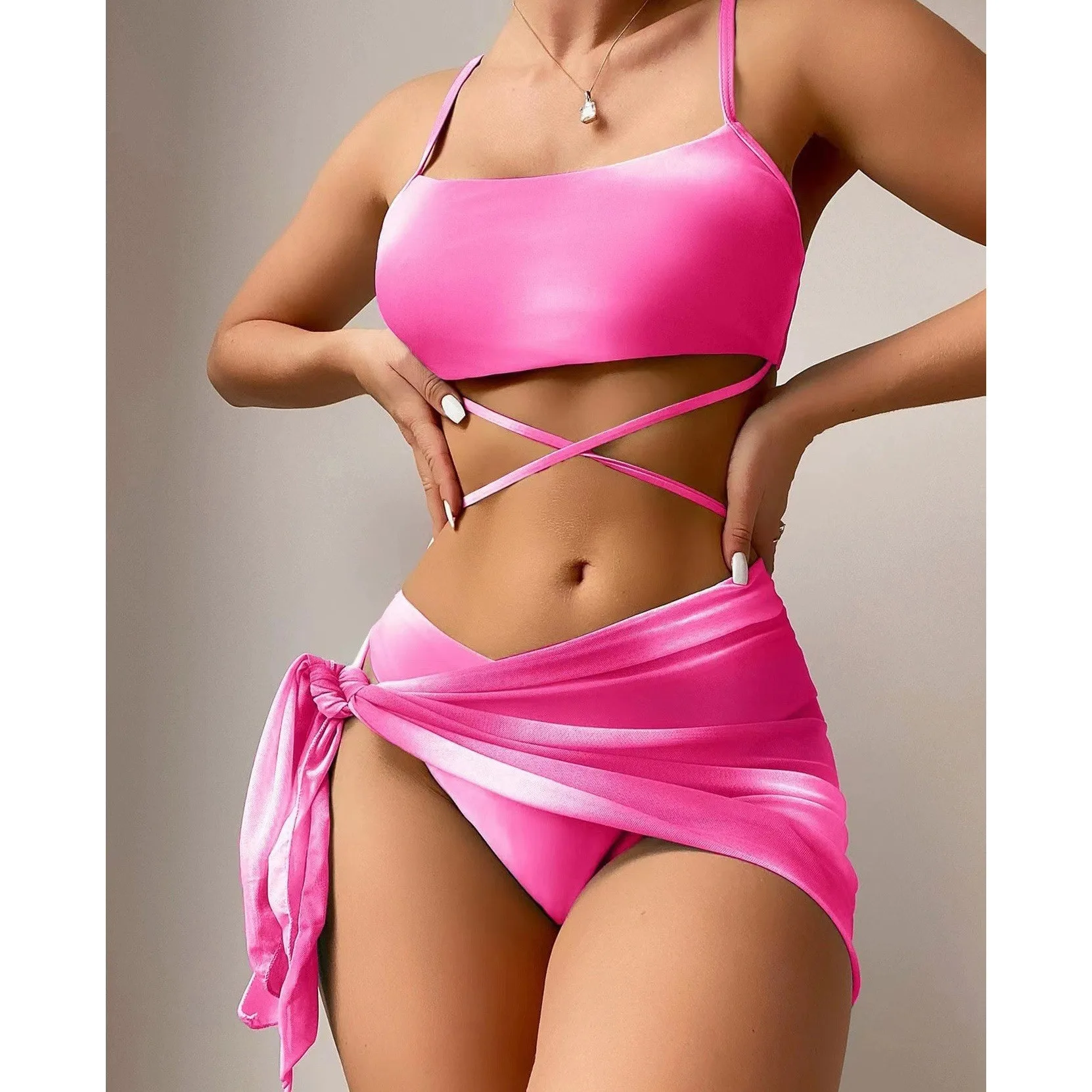 Woman 2026 Bikini Crop Top Wrap Skirt Bikinis Cross Front Tie Waist Swimwear Sheer Mesh High Cut Bottom Two Piece Swimsuit