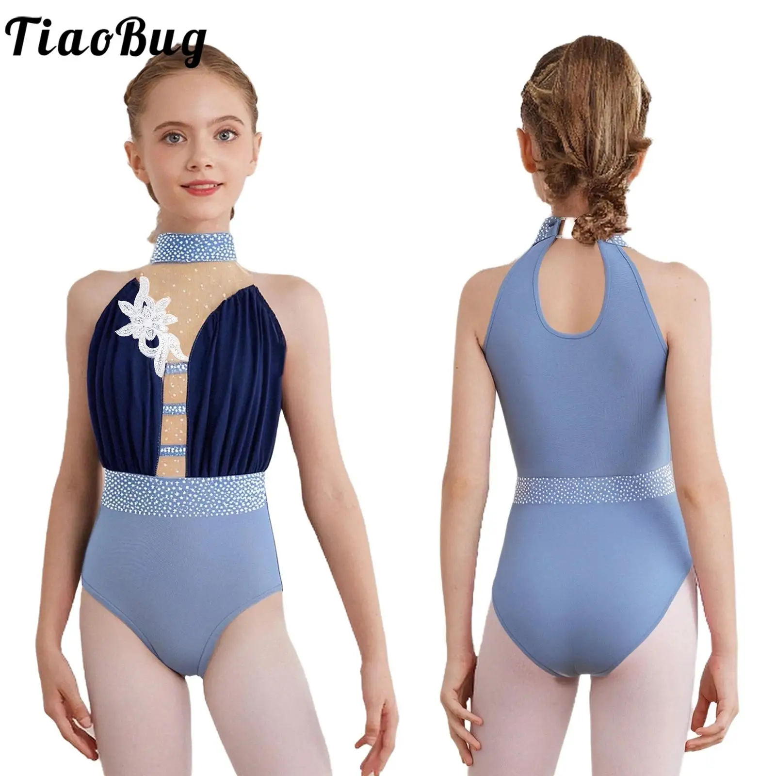

Kid Girls Figure Skating Gymnastics Dance Leotard Sleeveless Sheer Mesh Patchwork Applique Rhinestones Bodysuit Ballet Dancewear