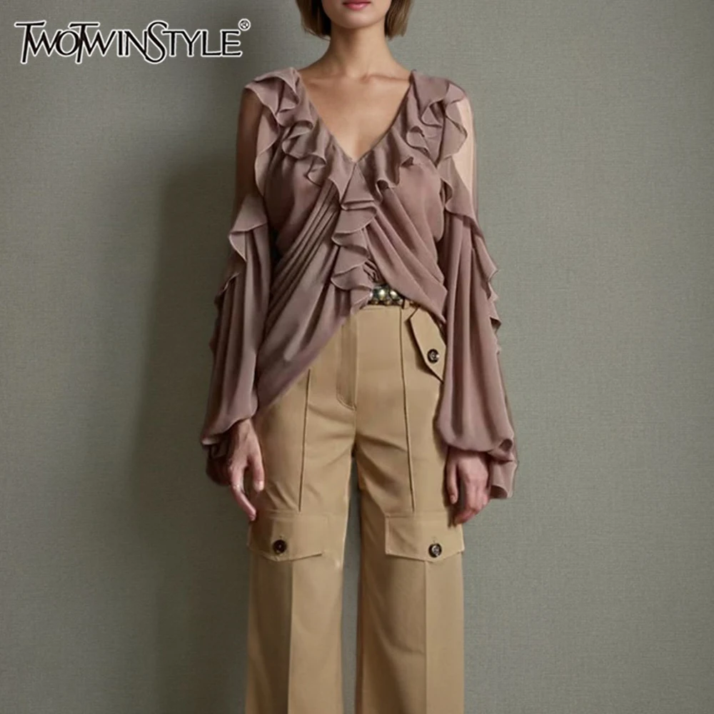 

TWOTWINSTYLE Solid Loose Spliced Ruffles Folds Blouses for Women V Neck Long Sleeves Backless Elegant Blouse Female Fashion New