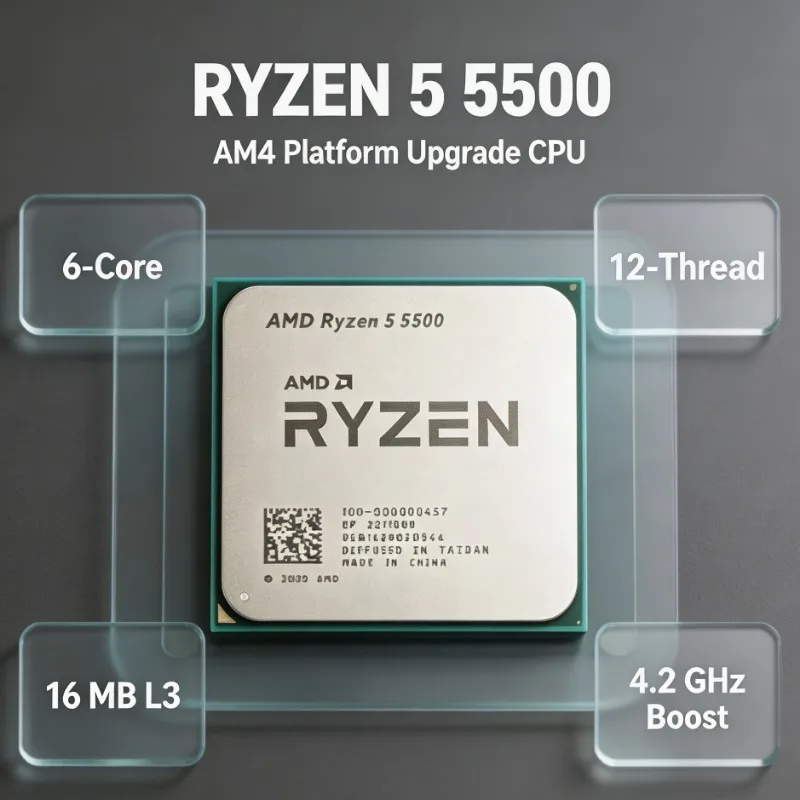 R5 5500 AMD Ryzen 5 5500 7NM CPU Processor 6‑Core 12‑Thread 4.2GHz Boost 65W TDP L3 16MB Socket AM4 Desktop Without Fan