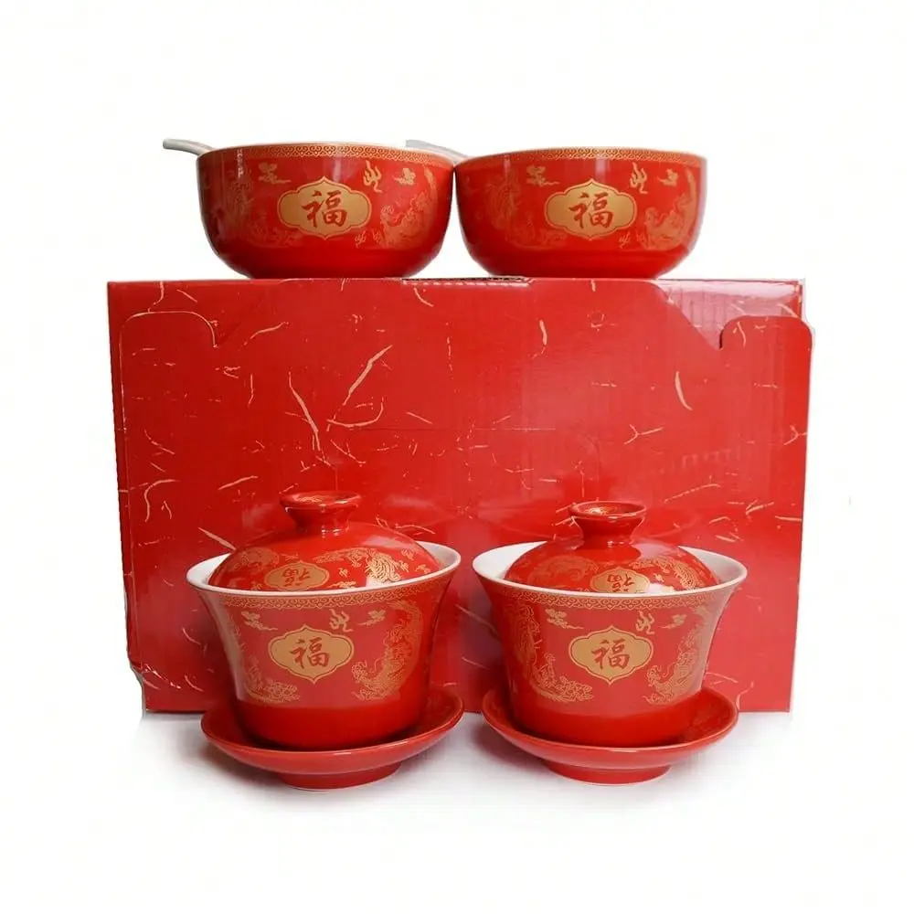 Baobao Chinesisches Hochzeits-Tee-Geschenkset Gaiwan Schale Löffel Porzellan-Geschirr Drachen und Phönix Doppeltes Glück für Männer Frauen Paare