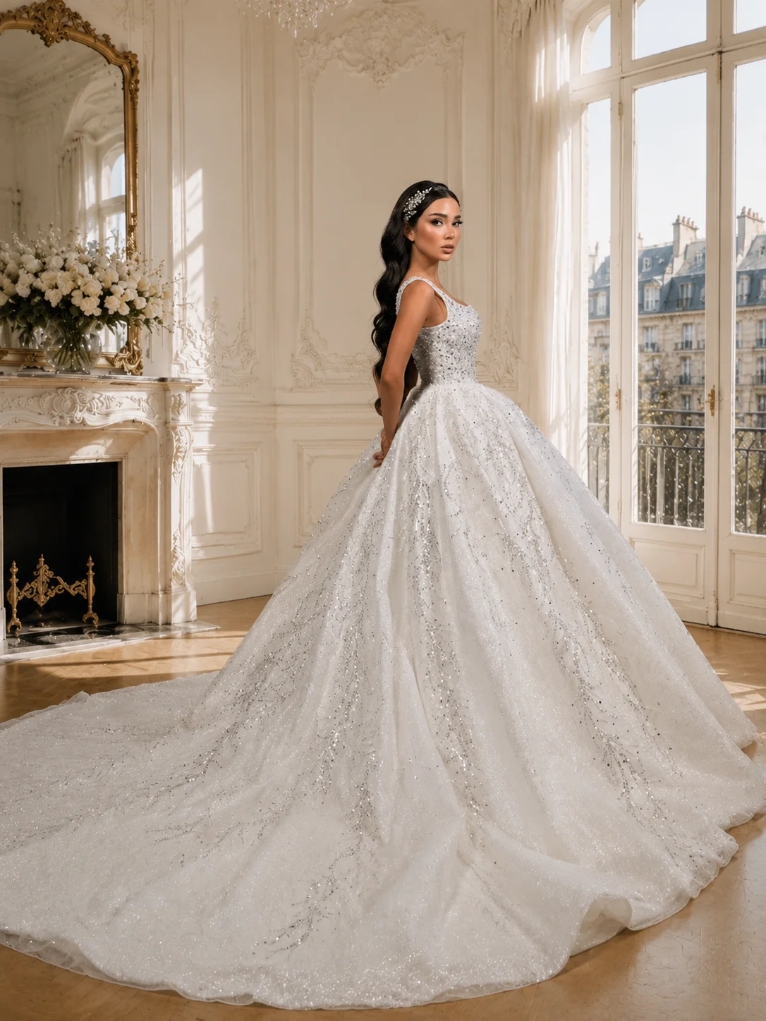 Luxury Sparkly Ball Gown Wedding Dress Square Neck Beaded Bridal Gown Glitter Princess  Custom Made Size Vestido De Novia