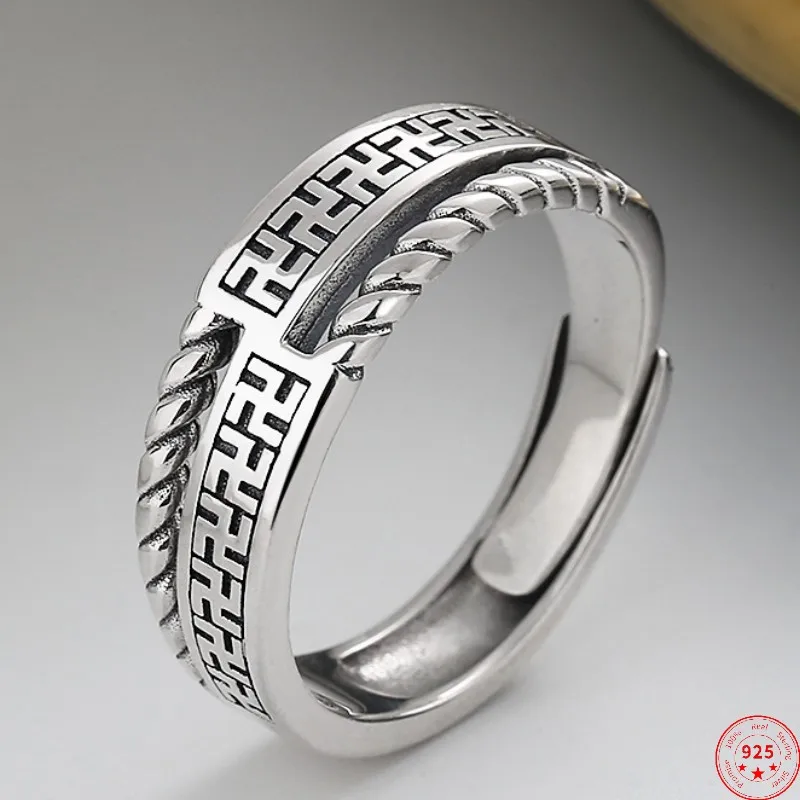 S925 Sterling Silver Rings New Fashion Hollow Buddha Safely Amulet Adjustable Twist Solid Argentum Jewelry for Men Women