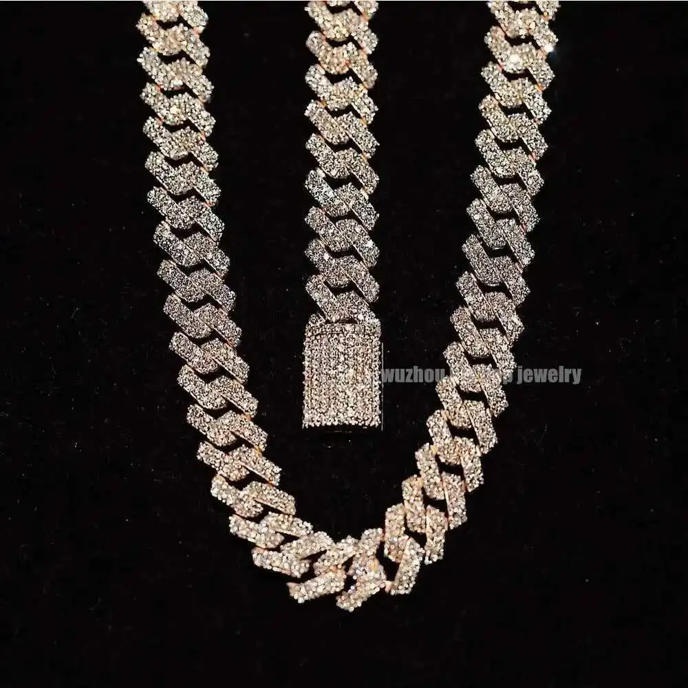 

Bussdown Gold Plated Hiphop Chain 12mm Width S925 Silver Gra Certified 2 Rows Excellent Round Cut Moissnaite Cuban Necklace