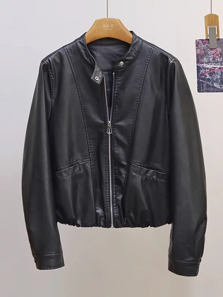 เสื้อแจ็คเก็ต Pu สไตล์โมโตสตรีทแวร์สำหรับผู้หญิง วินเทจ ฮาราจูกุ แขนยาว ทรงหลวม เสื้อคลุมลำลอง สไตล์อเมริกันเรโทร ทรง Biker คอทรงกลม มีกระเป๋า เสื้อนอก