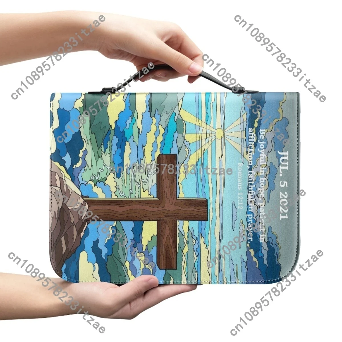PU Leather Handbags for Women's Artistic Christian Cross Print Bible Cover Case Portable Study Book Holy Storage Boxes Custom