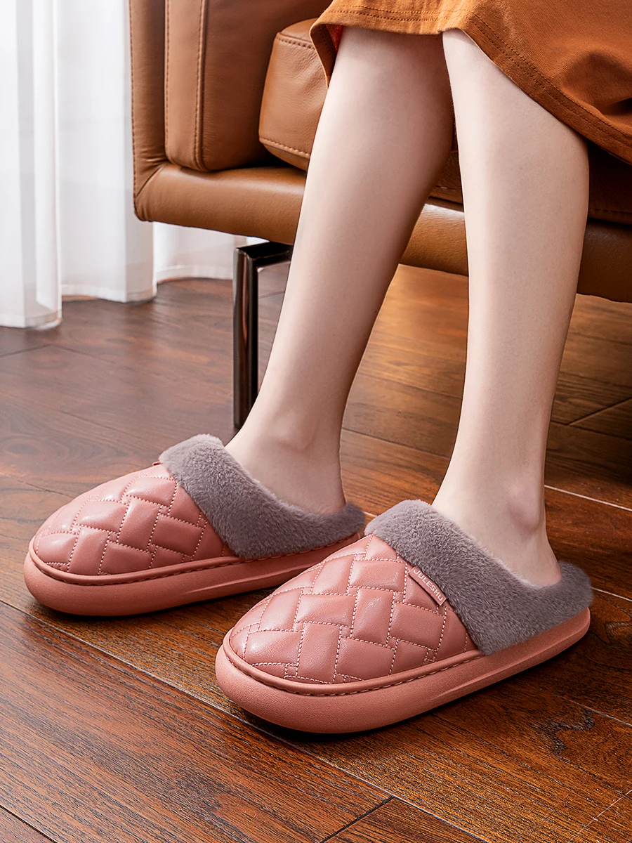 Waterproof cotton slippers women's winter home indoor fleece warmth 2024 new leather slippers 571