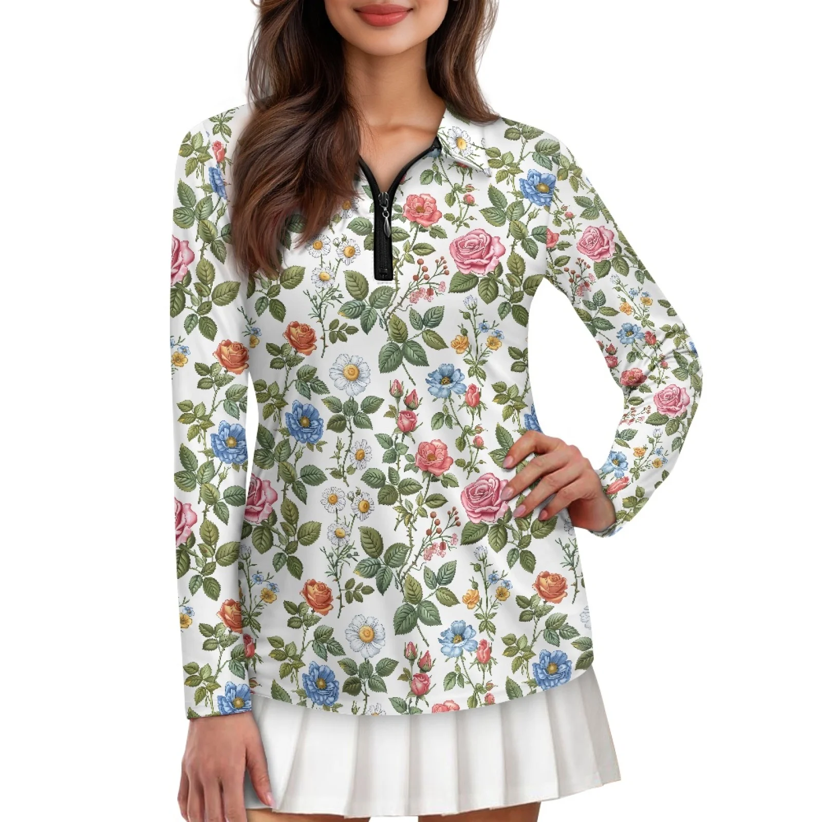 PENSTROLL Womens Floral Tennis Polo Tops, Long Sleeve Cotton Blend Shirts for Golf Hiking and Fitness Activities
