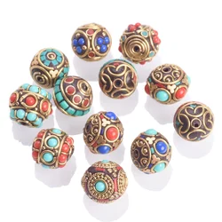 1pcs Round 15mm~17mm Handmade Nepalese Tibetan Buddhist Brass Metal Clay Loose Beads For DIY Jewelry Making