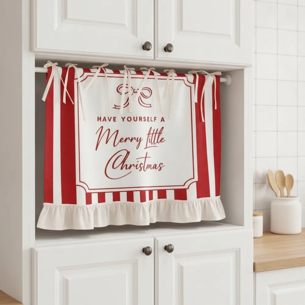 Lace-up Design Christmas Oven Curtain Decorative American-style Cabinet Curtain Red and White Ruffled Edge Kitchen Stove Curtain