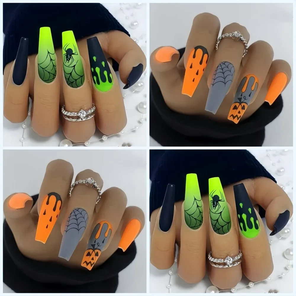 

24 Pieces Fake Pressed Nails False Nails Halloween Bicolor Spiders Press on Nail Fake Nail Art Full Cover Nail Tips