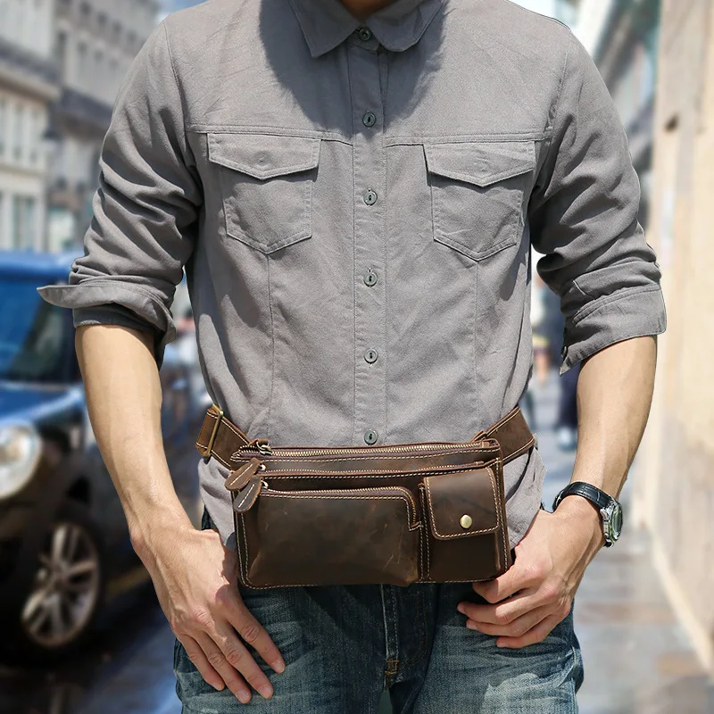 2024 Retro Genuine Leather Men Chest Bag Outdoor Leisure Diagonal Messenger Waist Bag Crossbody Bags Crazy Horse Leather Male