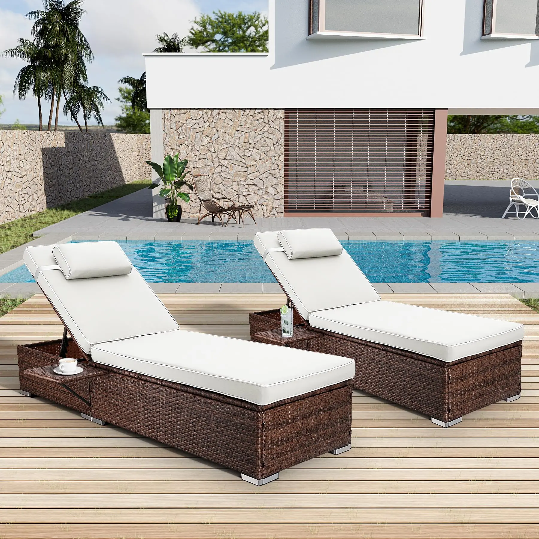 Chaise Lounge Outdoor Wicker Lounge Chairs for Outside PE Rattan Patio Chairs Pool Loungers Set of 2 for Deck Yard