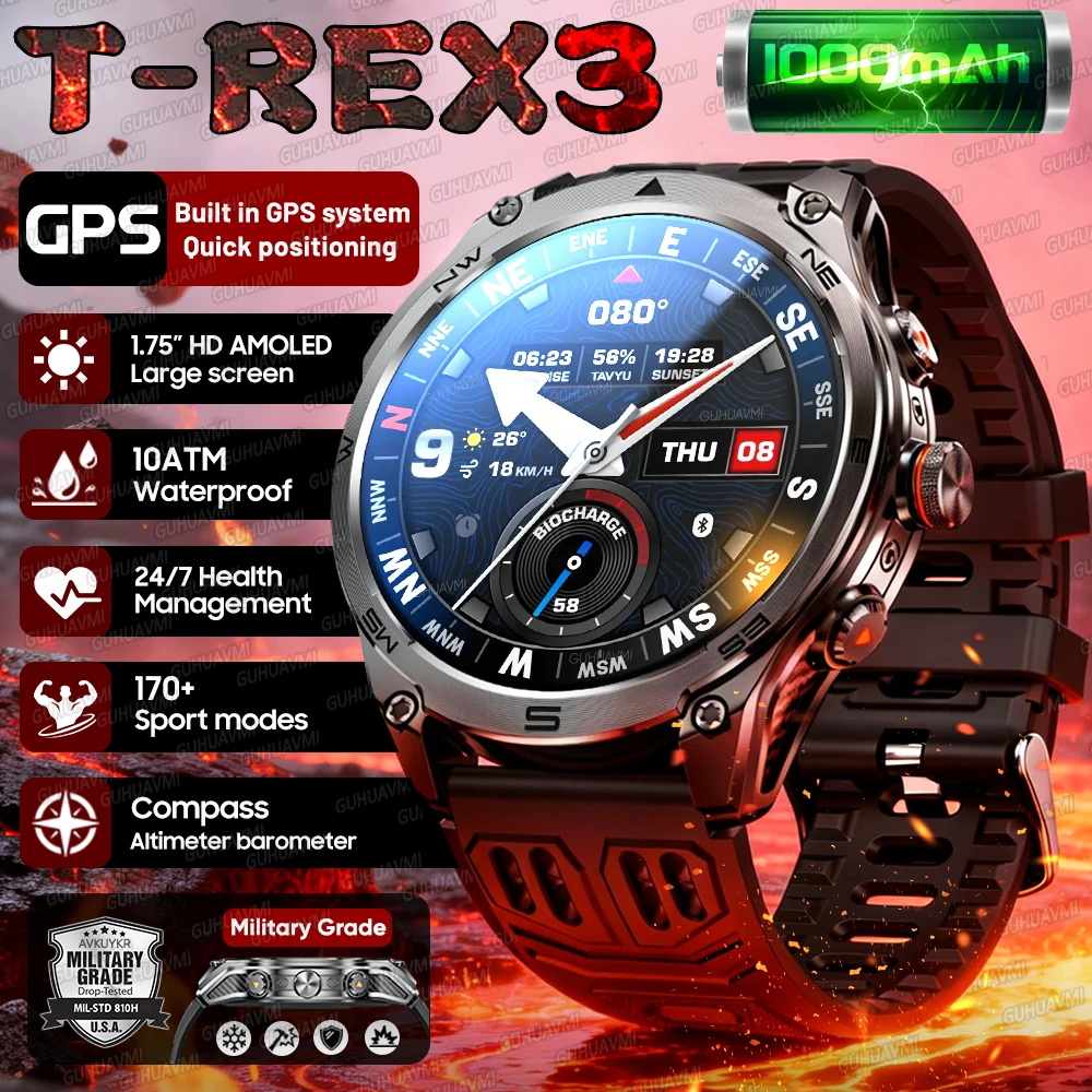 

2026 Военные Смарт-часы T-Rex 3 Ultra GPS для мужчин, аккумулятор 1000 мАч, 10 АТМ, для плавания с компасом, фонариком, спортивный трекер, умные часы