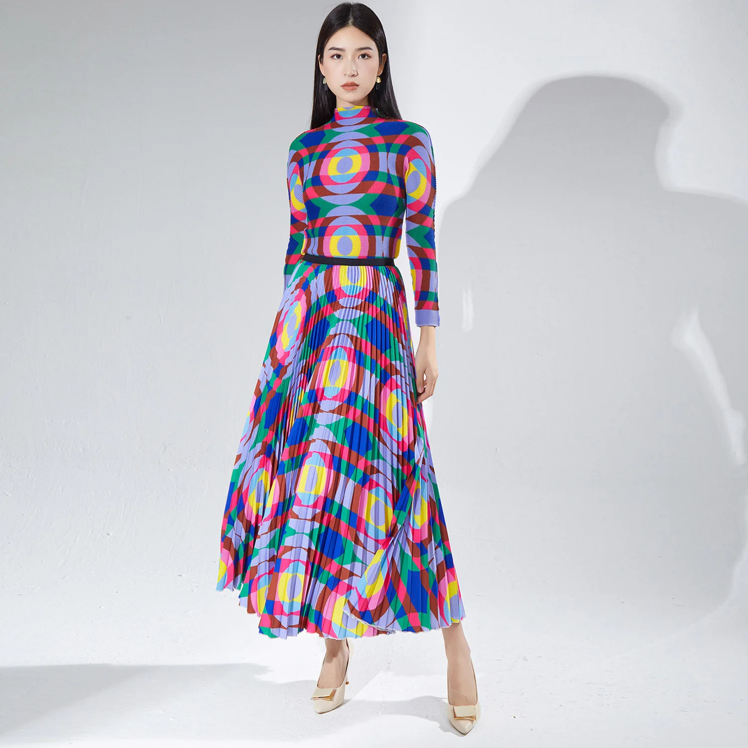 

Miyake Pleated Fall New Women's Fashion Set Cross Pleat Printed Slim Long Sleeve Top and Skirt 2-Piece