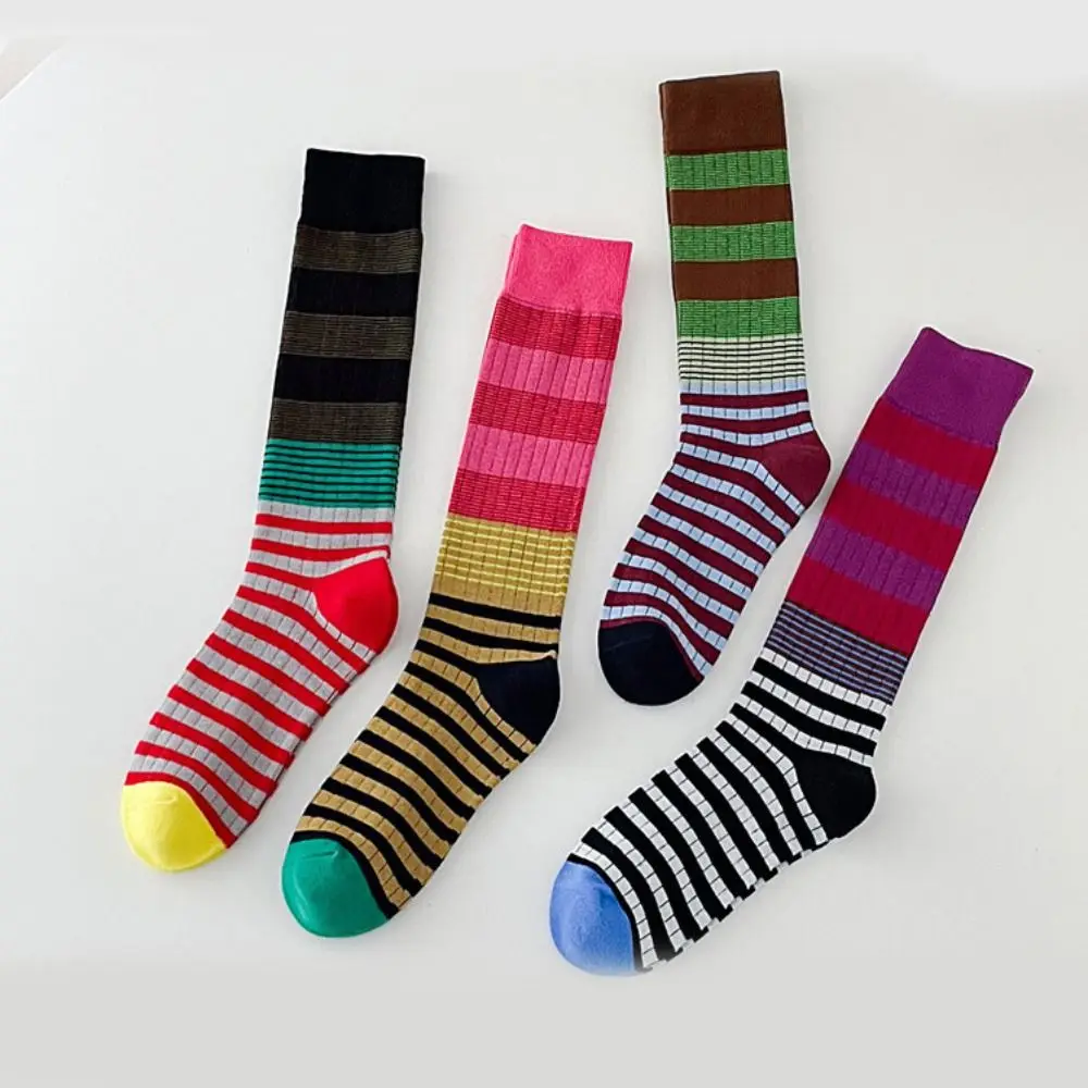 4pairs Patchwork Colorful Striped Calf Socks Japanese Style Absorb Sweat Striped Long Socks Breathable Soft Retro Pile Socks
