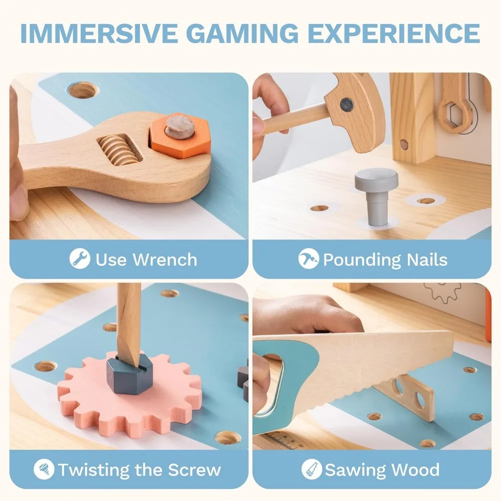 مجموعة منضدة أدوات لعب خشبية كبيرة للأطفال، لعبة ورشة عمل البناء مع أدوات متعددة وتخزين #5