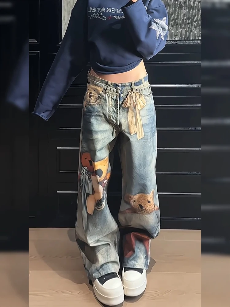 

American Style Bear Illusion Print High Waist Distressed Denim Jeans Women's Floor-Length Trousers Vintage Trendy Loose Fit