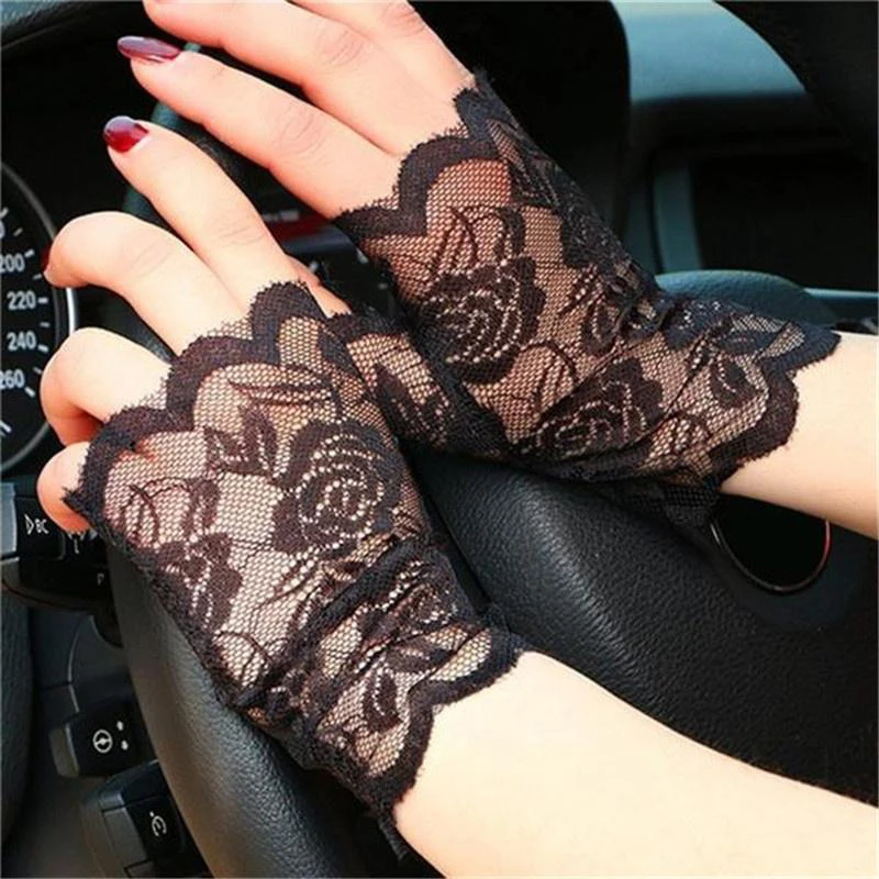 1pair Women Short Lace Half-finger Uv Protection Black Glove Bride Wedding Breathable Fingerless Outdoor Scar Cover Driving Thin