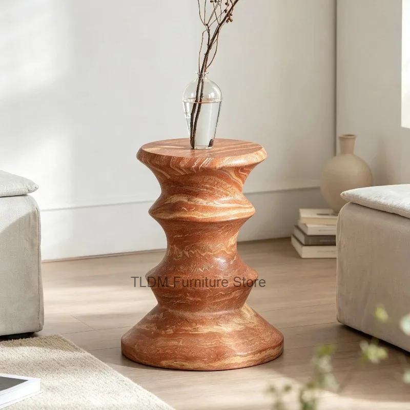 Wabi Sabi Imitation Travertine Side Table Hand Carved Wavy Twist Hourglass Shape Round Smooth Tabletop Sofa Corner Coffee Table