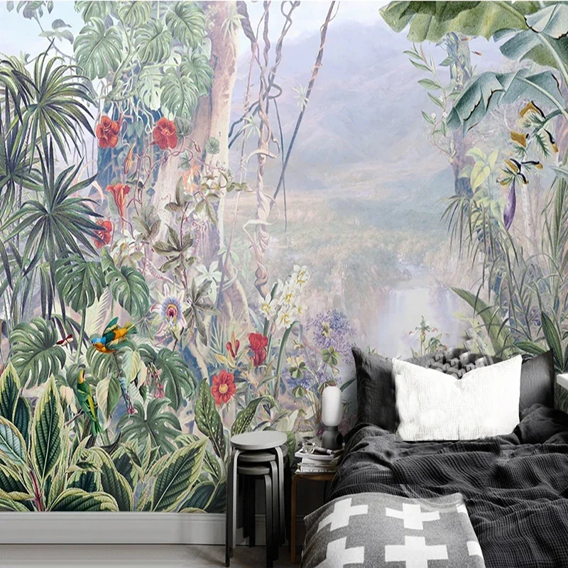 Custom Photo Wallpaper European Garden Tropical Rain Forest Flowers Wall Cloth Living Room Backdrop Wall Covering 3D Home Decor