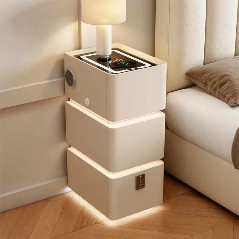 Ultra Narrow Floating Nightstand 3-Tier Solid Wood Bedside Table LED Wireless Charging Bedroom