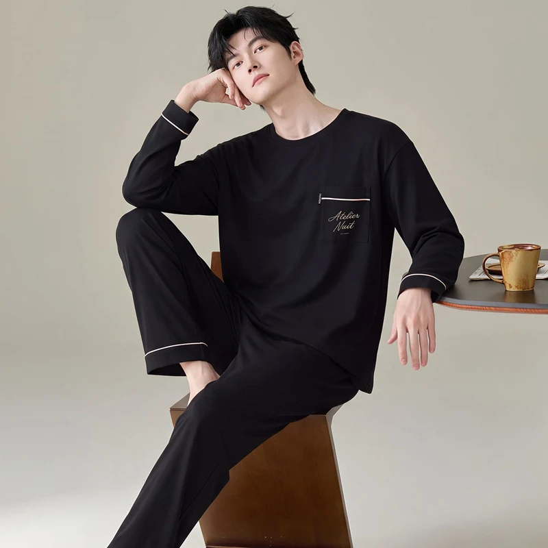 2026 Autumn Winter Long Sleeve 100% Cotton Pajama Sets for Men Korean Loose Sleepwear Pyjama Male Homewear Lounge Home Clothes