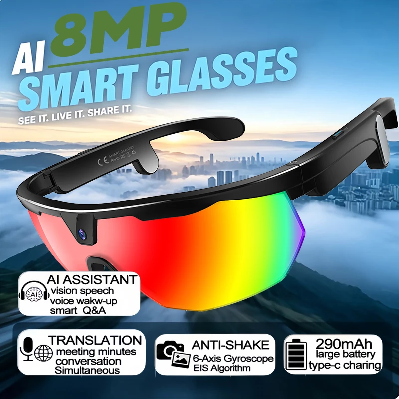2026 AI Smart Sports Glasses with 800W Camera HD Anti-Shake Bicycle Riding Shooting Goggles Windproof for Outdoor Activities