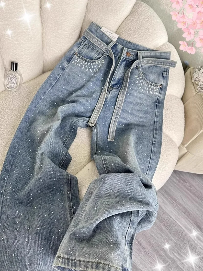Heavy Du Strass Taille Wijde Pijpen Jeans Casual Hoge Taille Rechte Cut Denim Broek voor Vrouwen Lente Herfst plus Size Slanke...