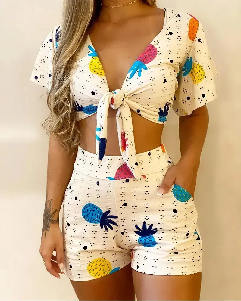 Bare One's Belly Button Sexy Women Set Casual Printing Short Sleeve T-shirt and High Waist Shorts Two Piece Sets Womens Outifits