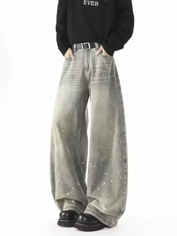 

Мужские широкие джинсы с эффектом потертости и принтом, серые, свободного кроя, удобные, повседневные, из денима, в стиле стритвир