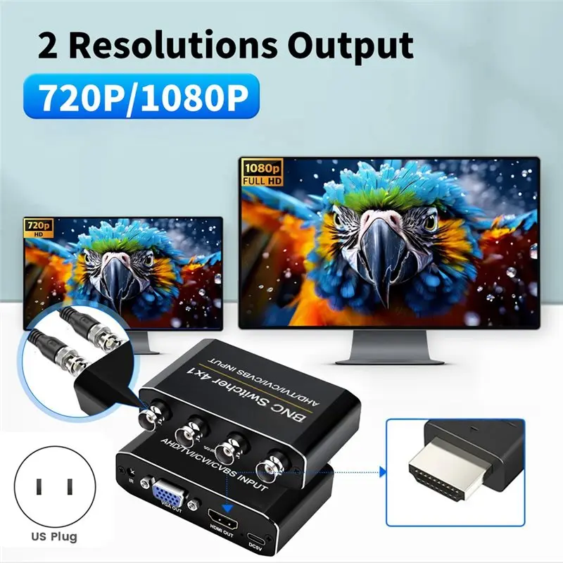 【HOT A69Z!】4X1 BNC Switcher AHD TVI CVI CVBS To -Compatible VGA US PLUG