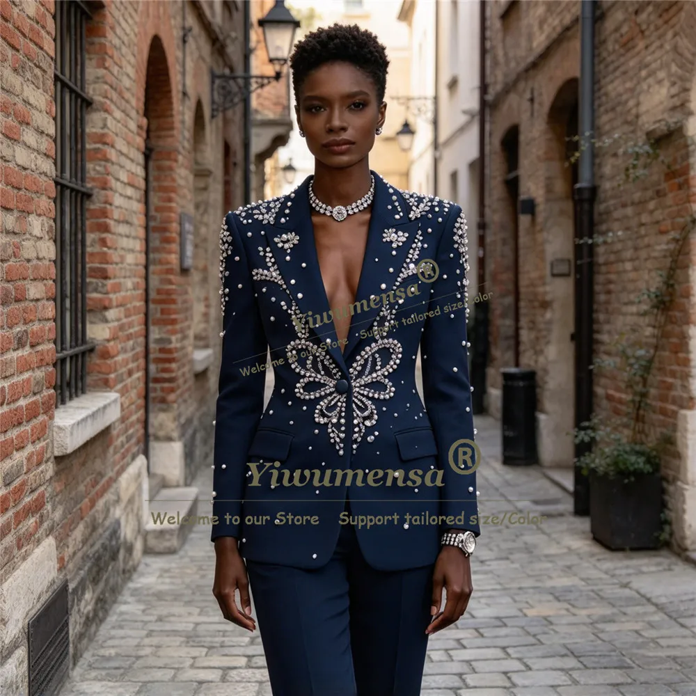 Luxury Women Suits Formal Party Wear Sparkly Stones Beaded Jacket Trousers 2 Piece Sets Lady Business Party Tuxedo Customized