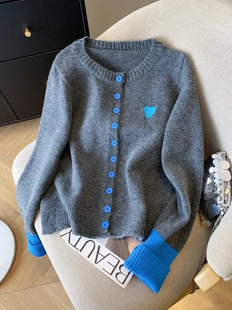 

Vintage Love Print Cardigan Women Lazy Wind Patchwork Long Sleeve Knitted Sweaters Casual O Neck Fall Retro Korean Female Tops