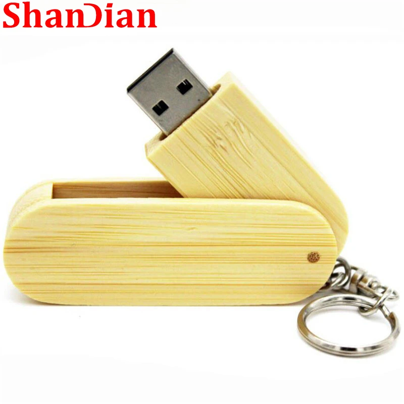 SHANDIAN-Unidade Flash USB Rotativa de Madeira, Disco U, Memory Stick com Chaveiro de Metal, Logotipo Personalizado Grátis, 4GB, 16GB, 32GB, 64GB, Presentes, 1Pc