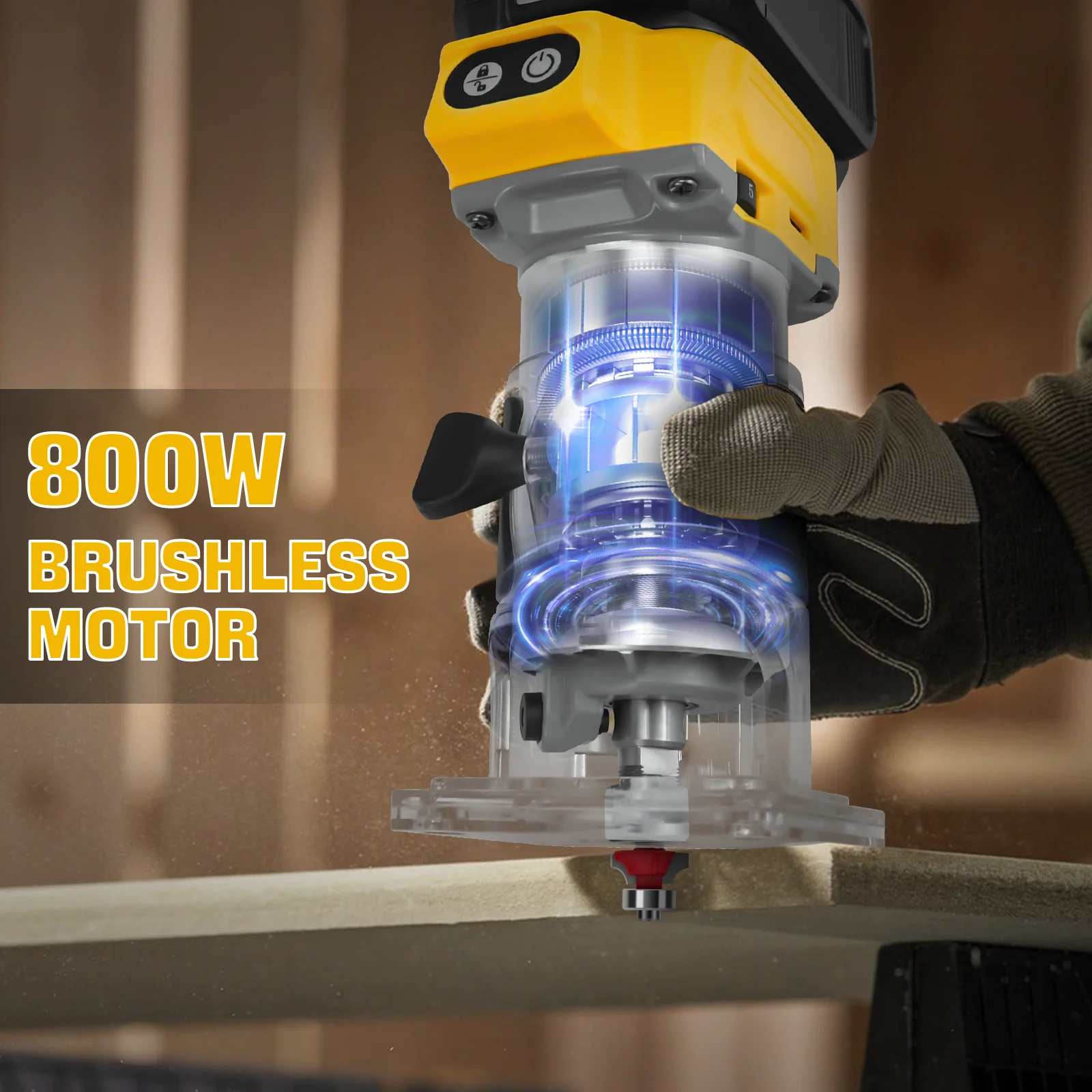 800W Brushless Electric Trimmer Woodworking Trimming Machine Cordless Compact Wood Router for Dewalt 20V Battery (No Battery)