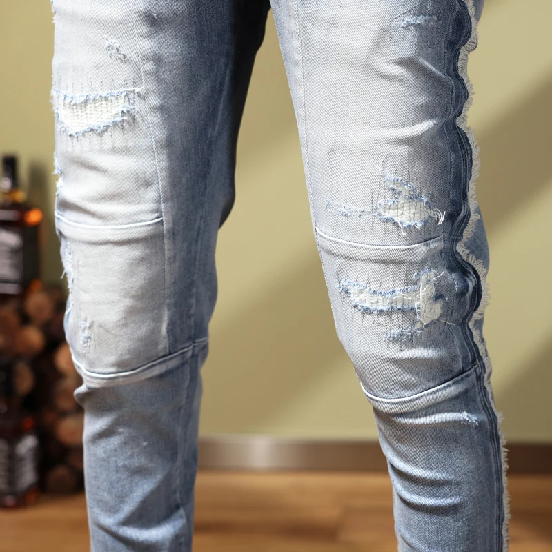 Street Trend Fashion Men Jeans Retro Light Blue Elastic Stretch Skinny Patchwork Ripped Jeans Men Spliced Designer Hip Hop Pants