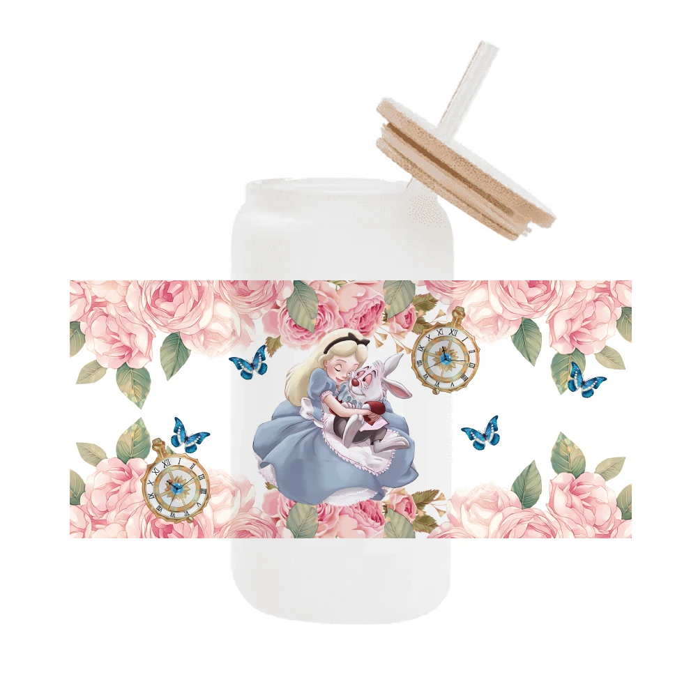 Disney Alice-envoltório de vidro impermeável para café, 3D, UV, DTF, 16oz