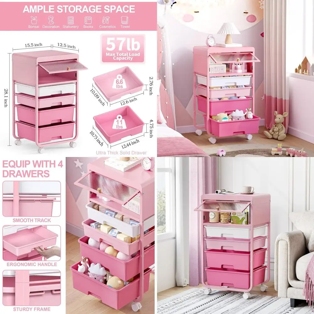 

Тележка-органайзер на 4 ящика на колесиках для хранения художественных принадлежностей, для спальни, домашнего офиса, класса, цвет розовый