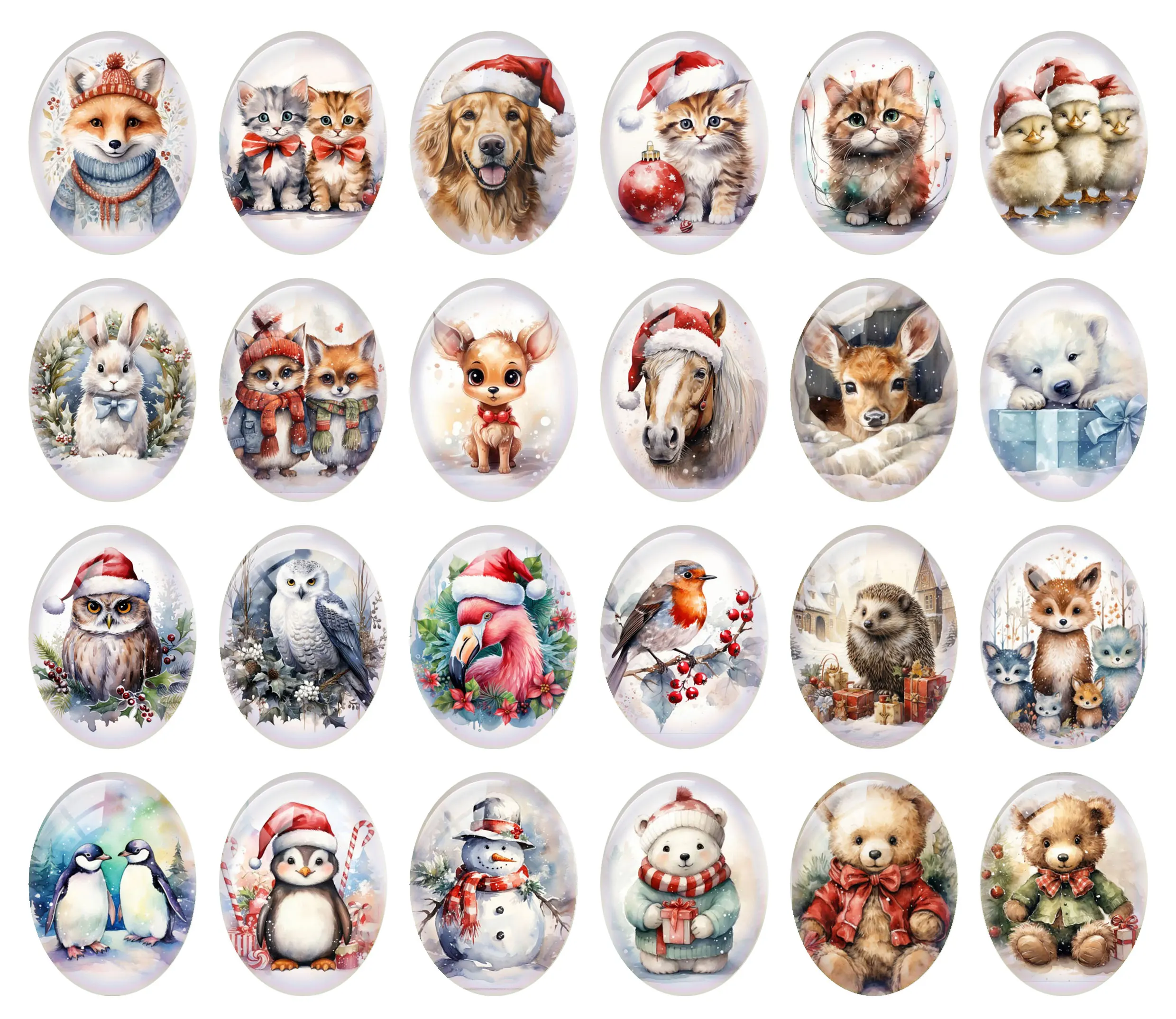 10pcs/lot Christmas X-mas Winter Animals Fox Cat Dog Bird Oval Photo Glass Cabochon Flatback Demo Cameo For Diy Jewelry Making