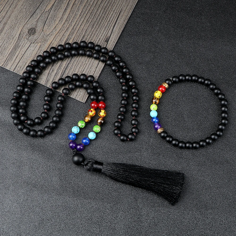7 Chakra 108 Mala Beads Knotted Necklace Shiny&Matte Black Onyx Men Bracelet Fashion Women Tassel Rosary Meditation Jewelry Set view 3