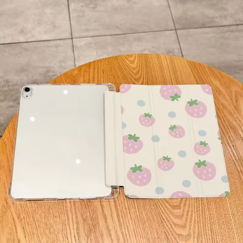

Чехол для iPad Pink Strawberry для iPad Air 4, 5, 6, Pro 11, 12.9, 13, M4, 10.9, 10.2, Mini 7, 6, 10-го поколения, трехсекционный чехол с держателем для стилуса