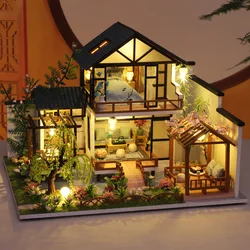 DIY Wooden Miniature Model Kit Bamboo Cottage Casa Doll Houses 3D Puzzle Dollhouse With Furniture Lights for Friends Xmas Gifts