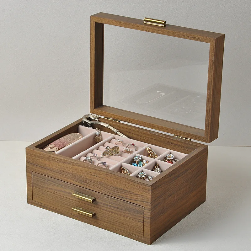 3 Drawer Walnut Grain Jewelry Display Box With Clear Window Jewelry Storage Organizer For Earrings Rings Necklaces Bracelets - view 3